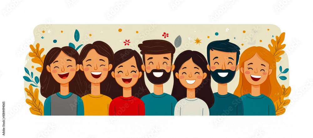 Seven friends are smiling brightly while standing closely together in a vibrant and festive atmosphere, celebrating their bond and happiness Seven friends are smiling brightly while standing closely together in a vibrant and festive atmosphere, celebrating their bond and happiness