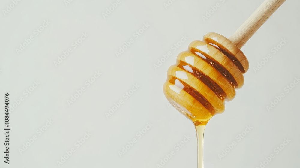 Dripping honey on wooden dipper against white background Dripping honey on wooden dipper against white background