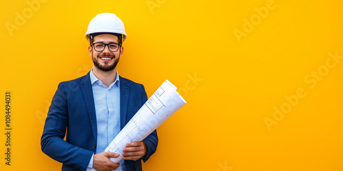 Progettista edile con sfondo uniforme e spazio per testo o messaggio.