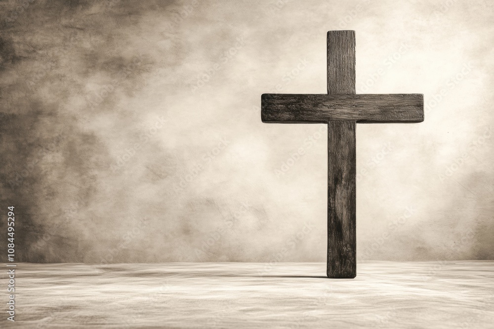 Naklejka premium A simple wooden cross standing upright against a textured beige background, symbolizing faith, spirituality, and religious devotion.