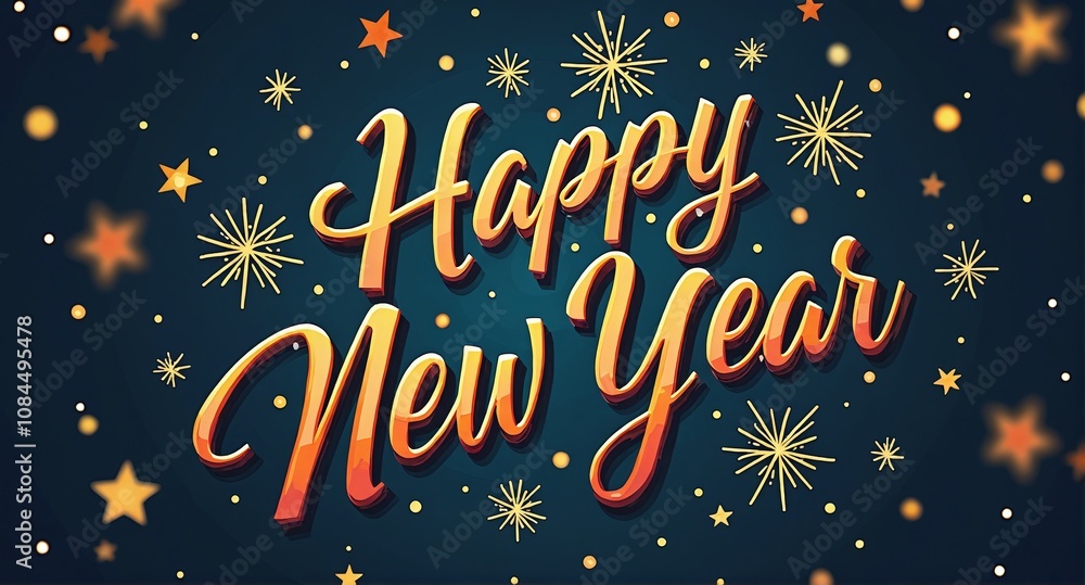 Colorful illustration of the New Year with vibrant decorations and shining stars in a festive atmosphere Colorful illustration of the New Year with vibrant decorations and shining stars in a festive atmosphere