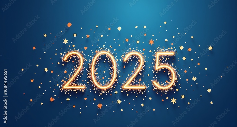 Colorful illustration of the new year 2025 with bright sparks and golden glimmers on a blue background filled with colorful stars Colorful illustration of the new year 2025 with bright sparks and golden glimmers on a blue background filled with colorful stars