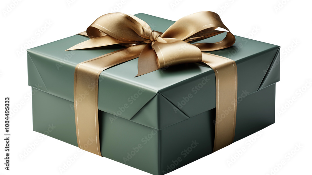 Fototapeta premium A green gift box wrapped in luxury with a maroon ribbon, ideal for holidays and celebrations, isolated on transparent background.