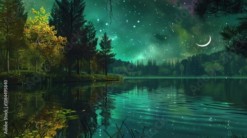 Tranquil lake by forest under starry sky with peaceful night reflections  
Seamless looping 4k time-lapse virtual video animation Generated AI