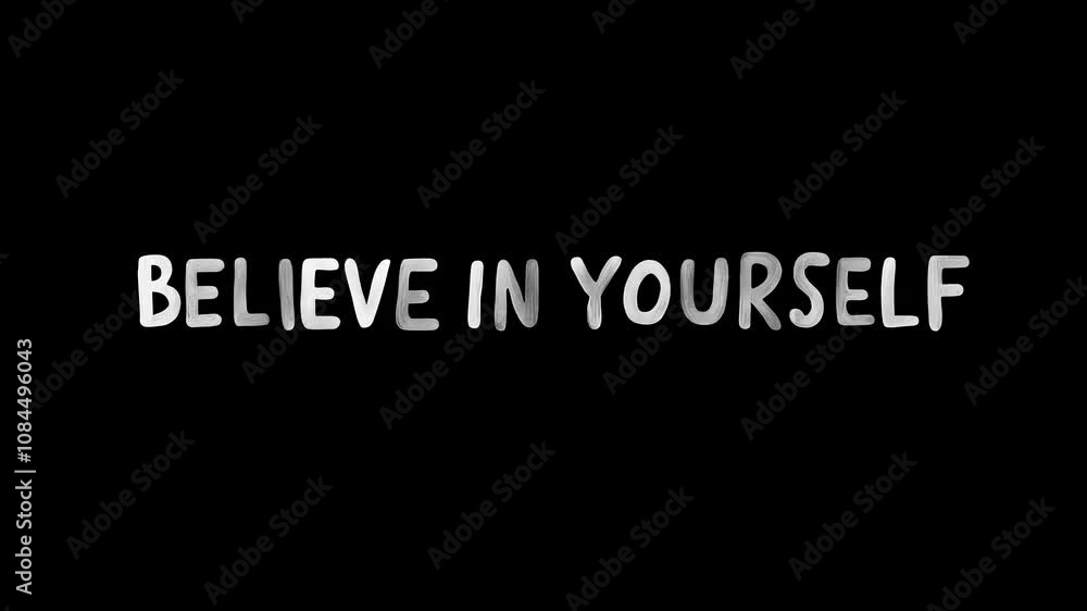 Motivational phrase “Believe in yourself” on a black background written in cheerful colorful letters
Motivational phrase “Believe in yourself” on a black background written in cheerful colorful letters