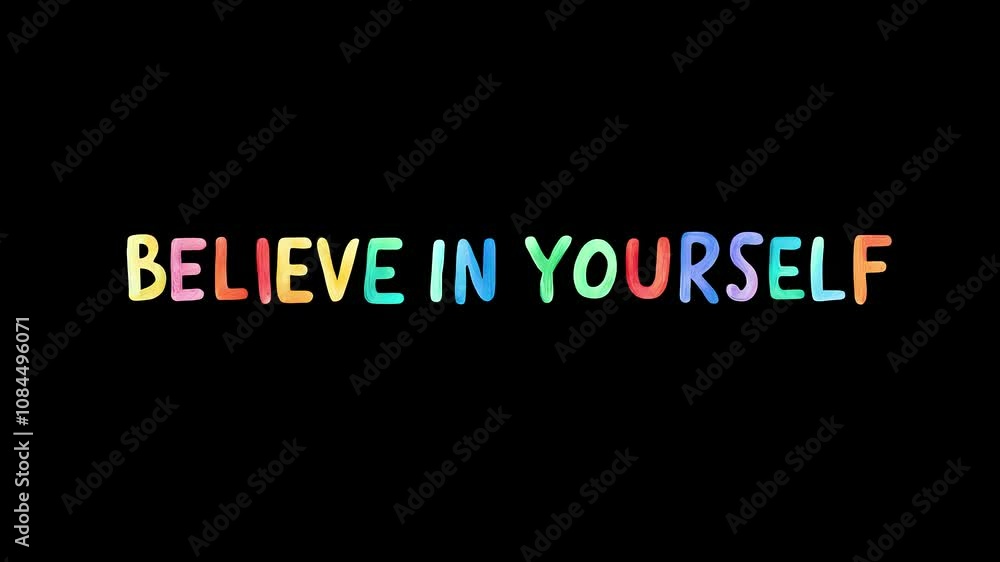 Motivational phrase “Believe in yourself” on a black background written in cheerful colorful letters
Motivational phrase “Believe in yourself” on a black background written in cheerful colorful letters
