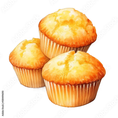 Watercolor Painting of Three Golden-Brown Muffins in Paper Liners