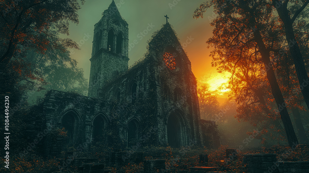 An abandoned church stands amidst thick fog, its stone walls covered in greenery, as a breathtaking sunset casts a warm glow over the landscape An abandoned church stands amidst thick fog, its stone walls covered in greenery, as a breathtaking sunset casts a warm glow over the landscape