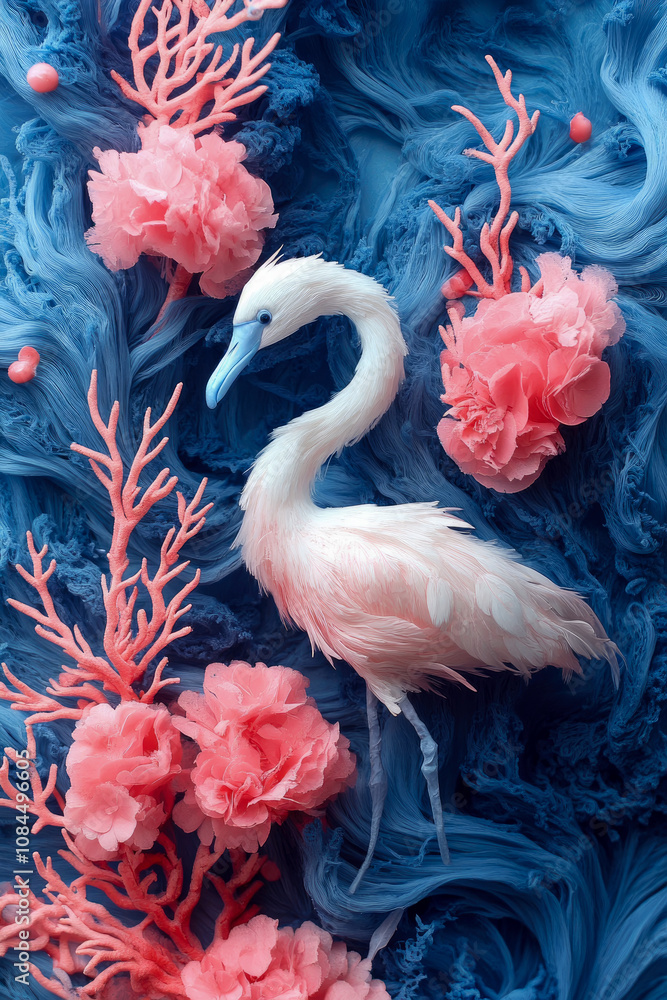 Obraz premium A white crane gracefully poses amidst vivid coral structures and soft pink flowers, showcasing a stunning underwater artistry filled with color