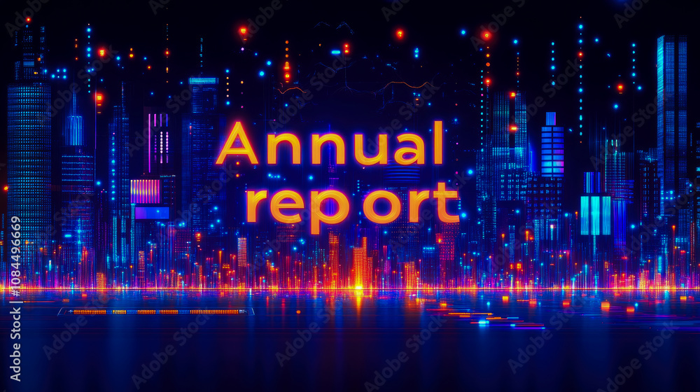 Obraz premium A vibrant digital skyline displays the words annual report illuminated by colorful lights, suggesting a futuristic city environment at night