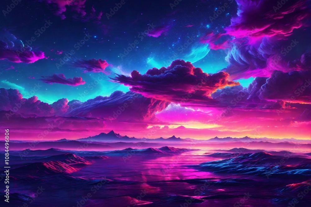 Fototapeta premium Neon Sky Background, Neon Sky Wallpaper, Fantasy Sky Background, Glowing Sky Background, Dreamy Sky Background, AI Generative
