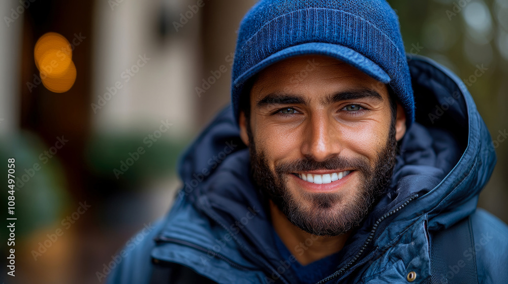 A young man smiles brightly with a blue hat and jacket on a cool day outside a charming building, reflecting a cheerful autumn vibe A young man smiles brightly with a blue hat and jacket on a cool day outside a charming building, reflecting a cheerful autumn vibe