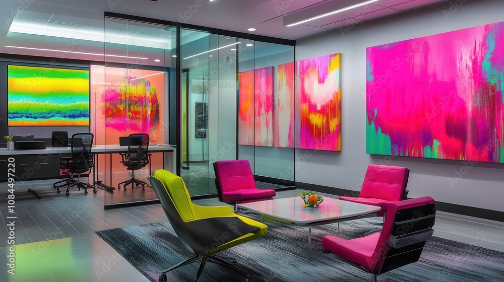 Office Lounge with Bold Art and Neon Highlights Office Lounge with Bold Art and Neon Highlights