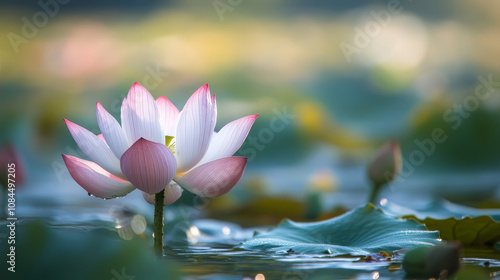 Lotus flower blooming on calm water in natural sunlight