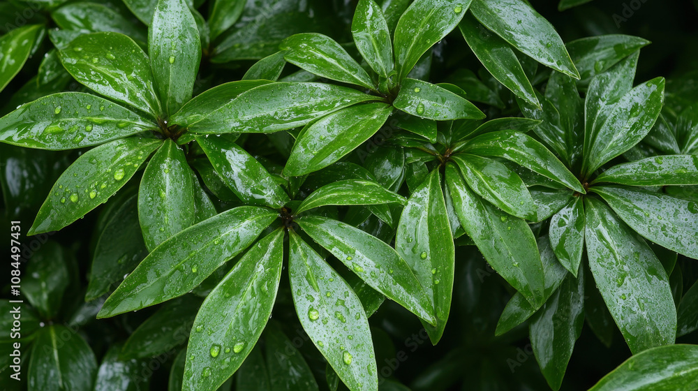 Wet green leaves with raindrops in fresh natural setting