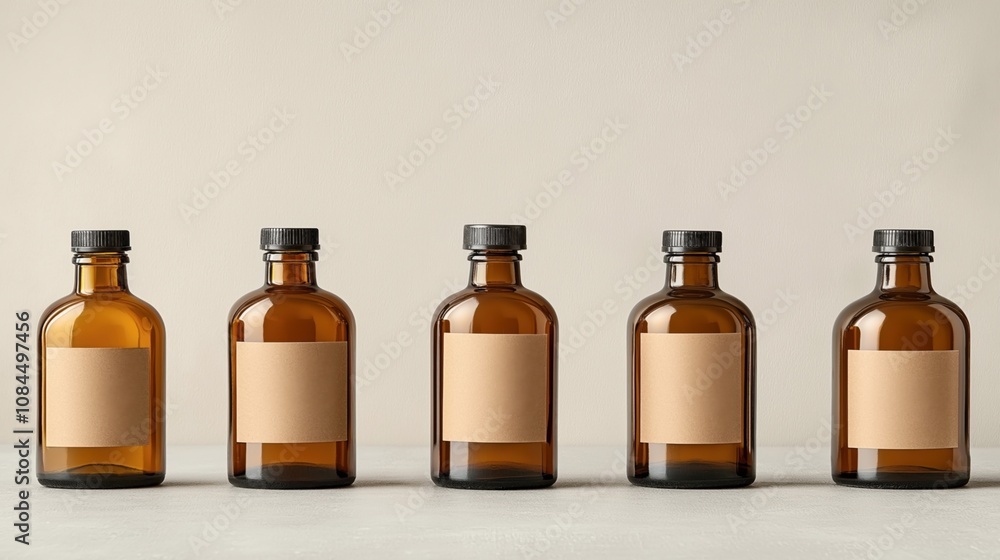 Row of five brown glass bottles with blank labels and black screw caps on a light surface with neutral background Row of five brown glass bottles with blank labels and black screw caps on a light surface with neutral background