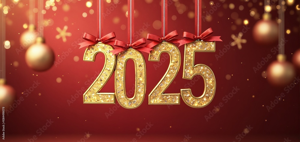 Fototapeta premium Golden decorations of the year 2025 hanging on a festive red background with ornaments and sparkling lights during the holiday season. New Year