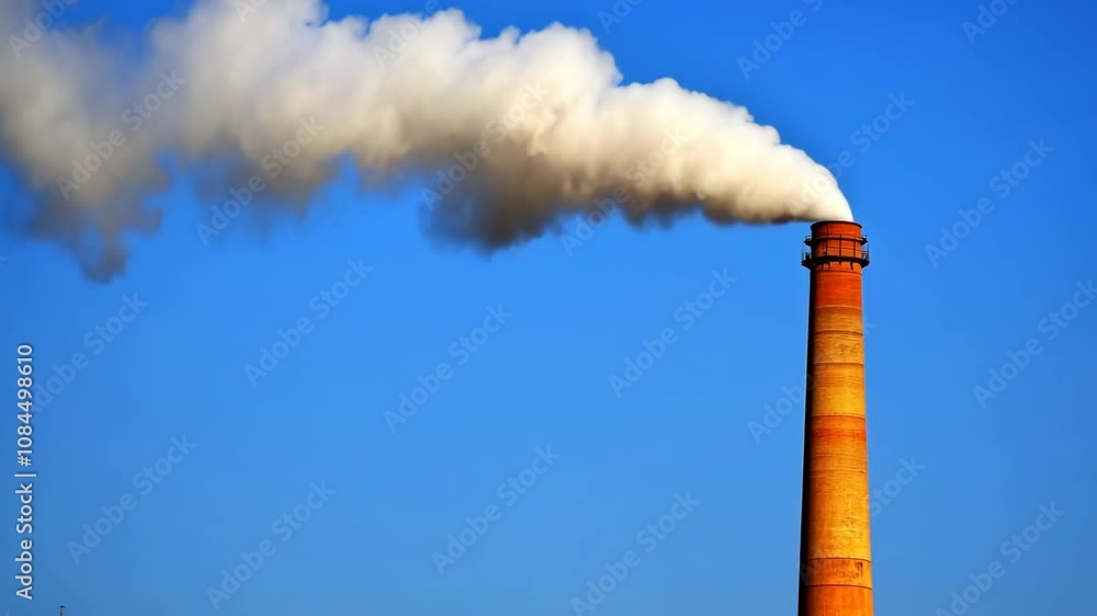 A large, orange brick chimney releases a substantial plume of white smoke into a vibrant blue sky A large, orange brick chimney releases a substantial plume of white smoke into a vibrant blue sky