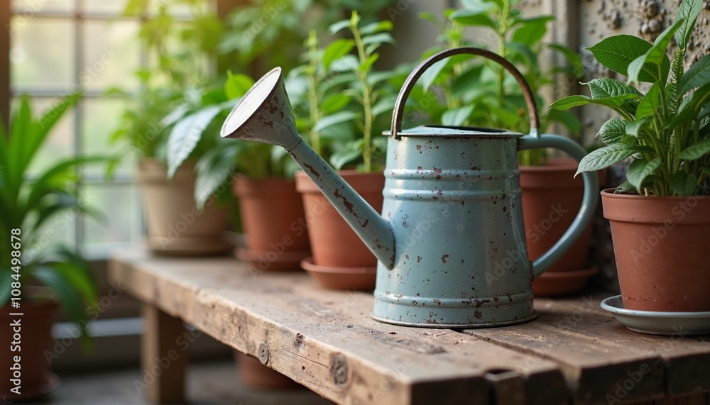 Indoor gardening bliss with a rustic watering can amidst lush green plants on a sunny afternoon Indoor gardening bliss with a rustic watering can amidst lush green plants on a sunny afternoon