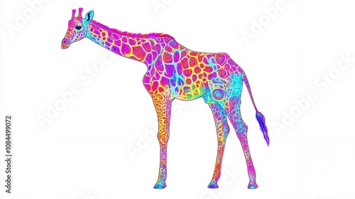 A colorful giraffe with pink, blue, and yellow spots stands on a white background. photo