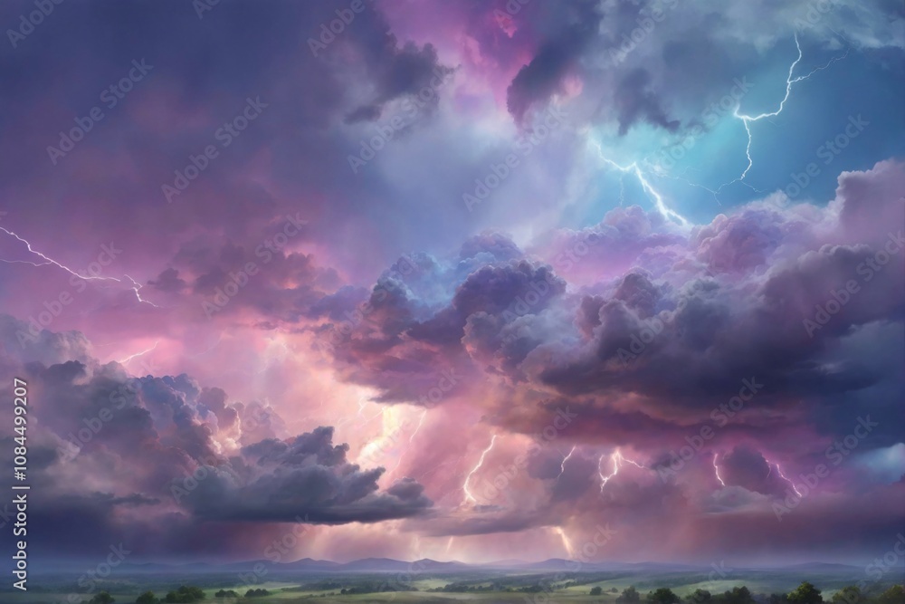 Obraz premium Pastel Thunderstorm Sky, Fantasy Thunderstorm Sky Wallpaper, Dreamy Pastel Thunderstorm, AI Generative