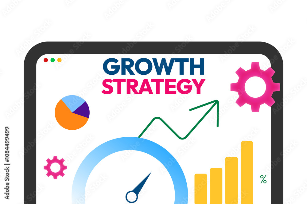 Growth Strategy in Business designs with screen on white backdrop. Modern business graph, speedometer and chart showing progress, success, minimalist, graphics Growth Strategy in Business designs with screen on white backdrop. Modern business graph, speedometer and chart showing progress, success, minimalist, graphics