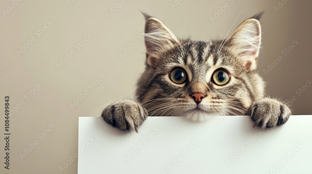 A cat is looking at a white board with a black border A cat is looking at a white board with a black border