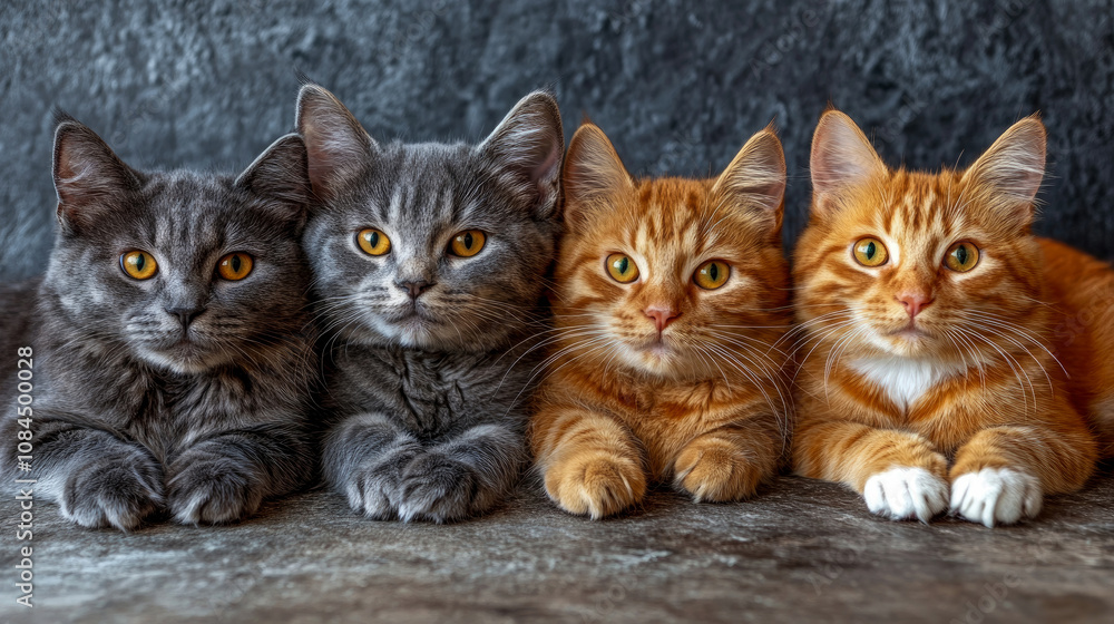 Four distinct cats, two gray and two orange, lay side by side on a soft surface, creating a heartwarming and peaceful atmosphere in the room Four distinct cats, two gray and two orange, lay side by side on a soft surface, creating a heartwarming and peaceful atmosphere in the room