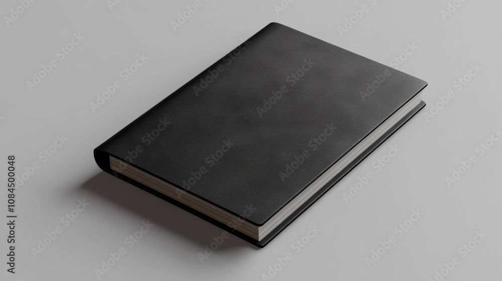 A realistic-looking black leather notebook is shown in a 3D image against a light gray backdrop. A realistic-looking black leather notebook is shown in a 3D image against a light gray backdrop.
