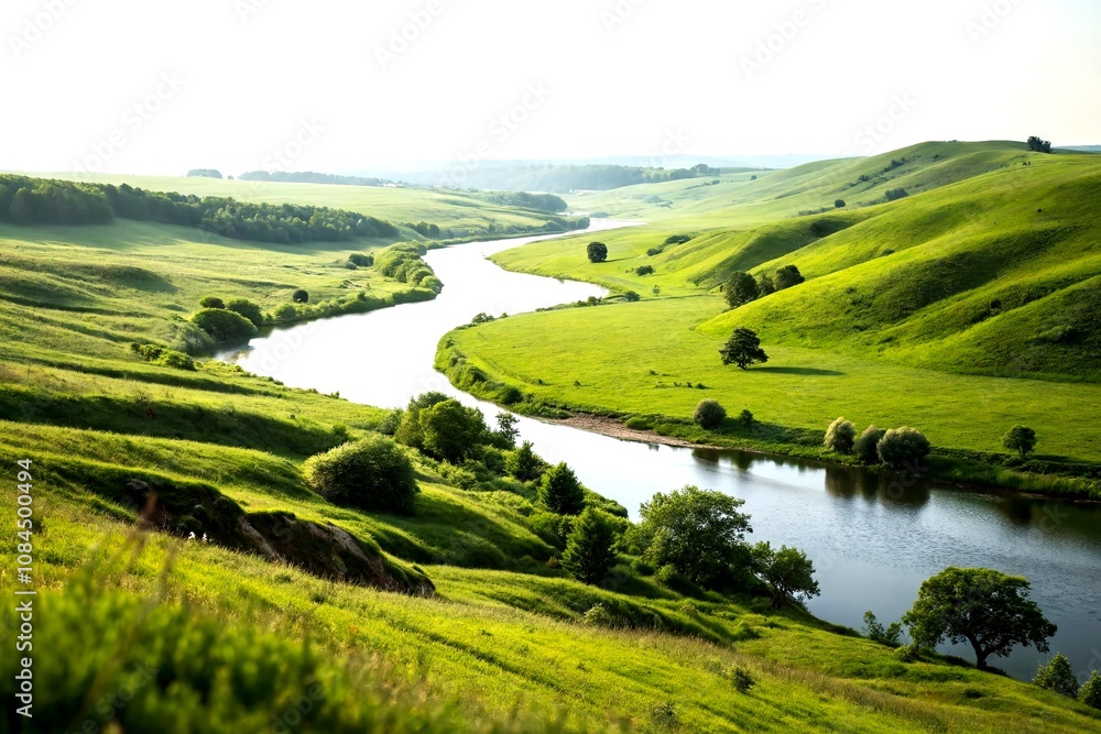 Obraz premium Serene Landscape with Looped Frame on a White Background, Showcasing a Tranquil Scene of Lush Green Hills and a Calm River, Captured in a Tilt-Shift Style for an Artistic Effect