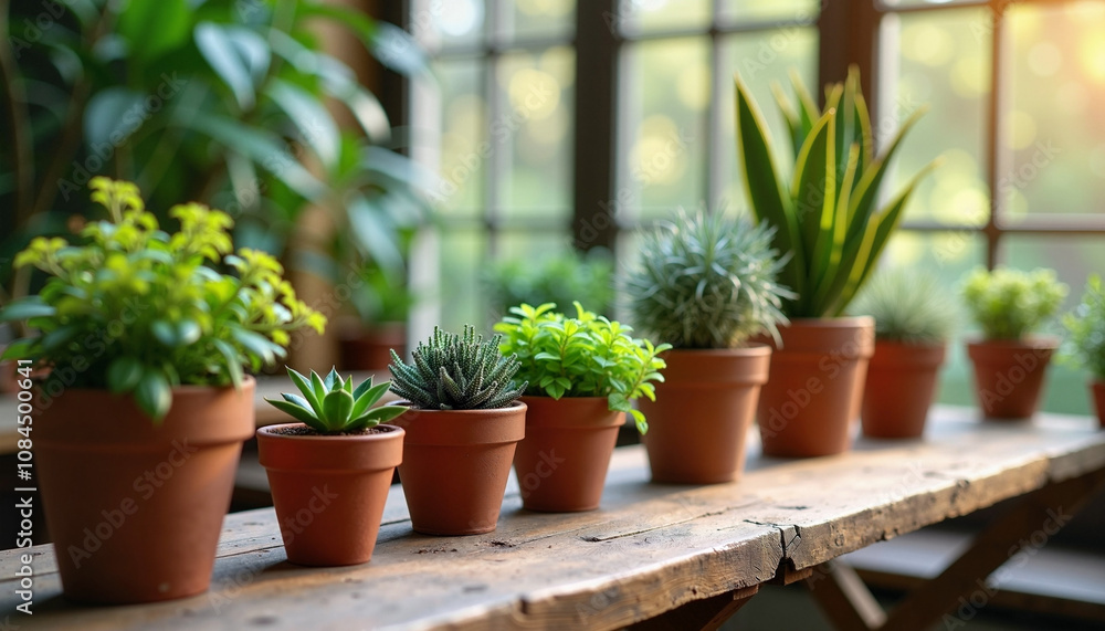 Indoor garden display featuring a variety of lush potted plants under soft afternoon sunlight Indoor garden display featuring a variety of lush potted plants under soft afternoon sunlight