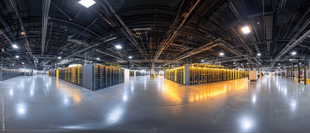 A panoramic view of a modern data center filled with server racks and infrastructure. A panoramic view of a modern data center filled with server racks and infrastructure.