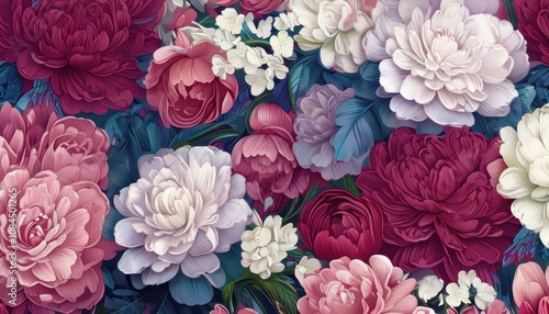 Wallpaper Mural A vibrant floral pattern featuring various peonies and blossoms. Torontodigital.ca