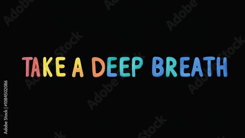 Motivational phrase “Take a deep breath” on a black background written in cheerful colorful letters