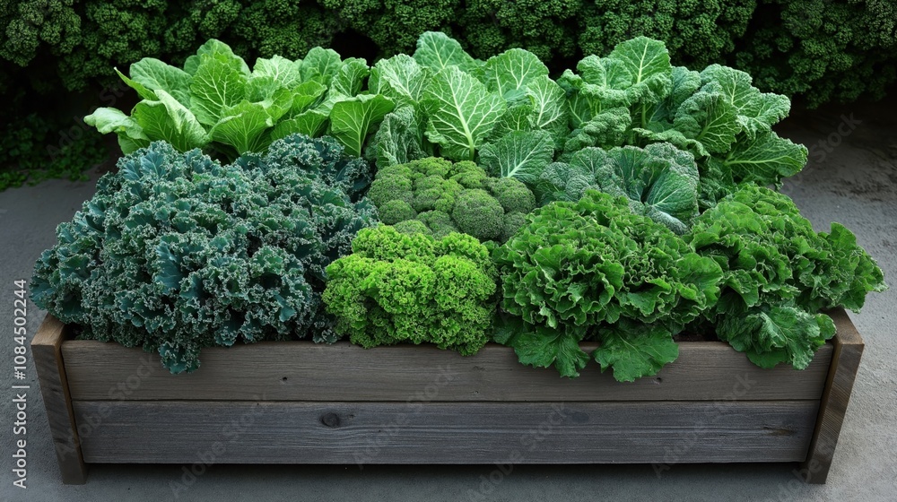Wooden planter box containing a variety of leafy green vegetables including kale, collard greens, and broccoli, with dense foliage and vibrant green color. Wooden planter box containing a variety of leafy green vegetables including kale, collard greens, and broccoli, with dense foliage and vibrant green color.