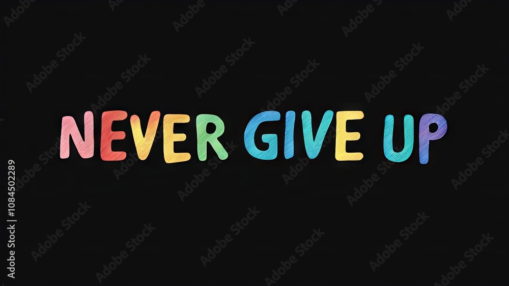 Obraz premium Positive motivational phrase “Never give up” on a black background written in cheerful colorful letters