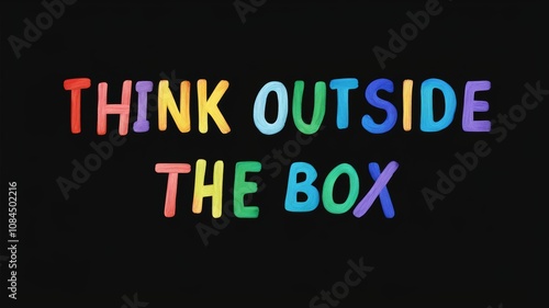 Motivational phrase “Think outside the box” on a black background written in cheerful colorful letters