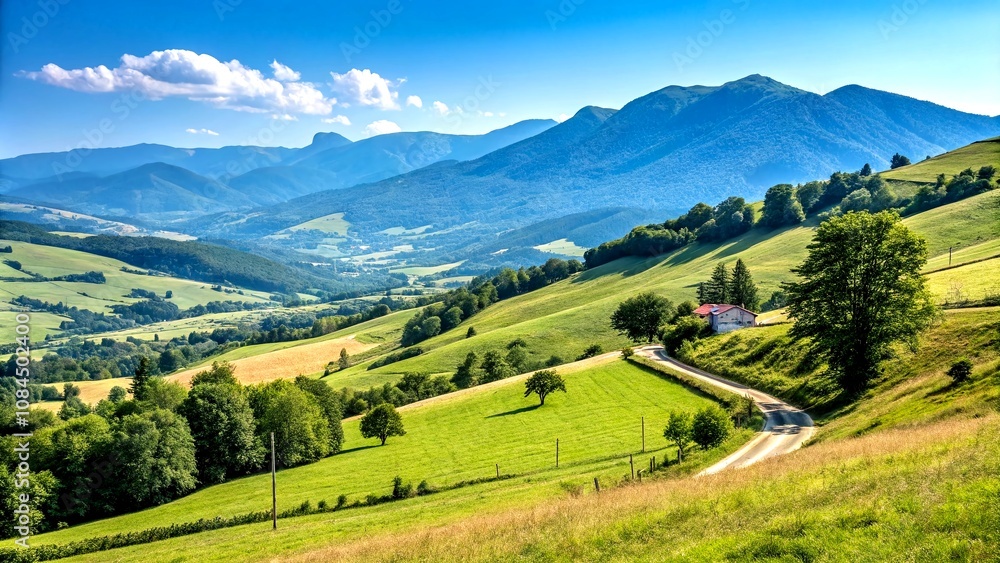 Serene Vector Landscape Background of Rural Fields and Majestic Mountains in a Beautiful Scenery Illustration with Expansive Copy Space for Creative Use Serene Vector Landscape Background of Rural Fields and Majestic Mountains in a Beautiful Scenery Illustration with Expansive Copy Space for Creative Use