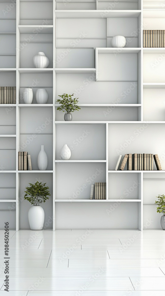 Modern white bookshelf with plants and vases in minimalist room Modern white bookshelf with plants and vases in minimalist room