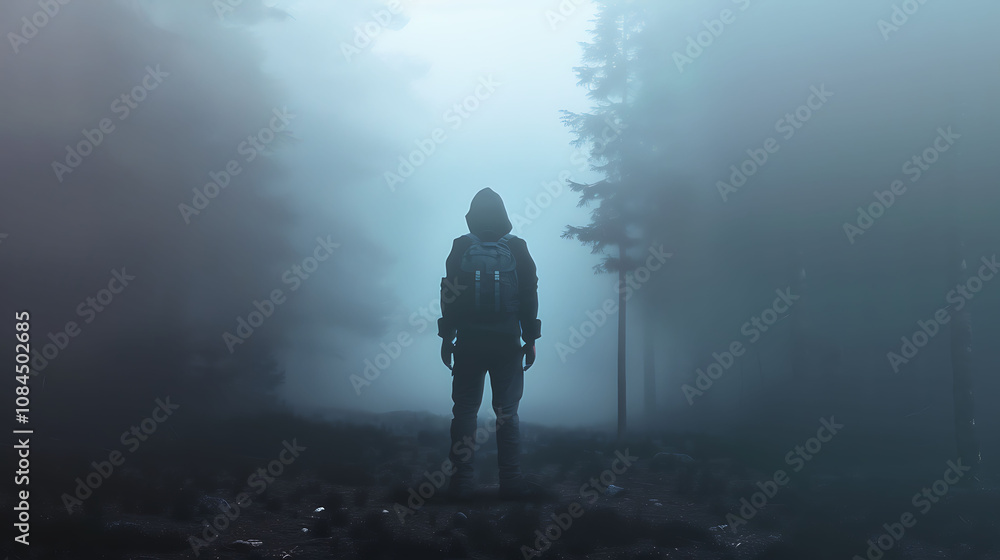 Fototapeta premium A Solitary Figure in the Misty Forest