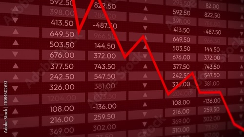 Stock market crash concept in red color with arrow going down, 4k animation. Numbers running showing trading and business downfall, finance footage backdrop
