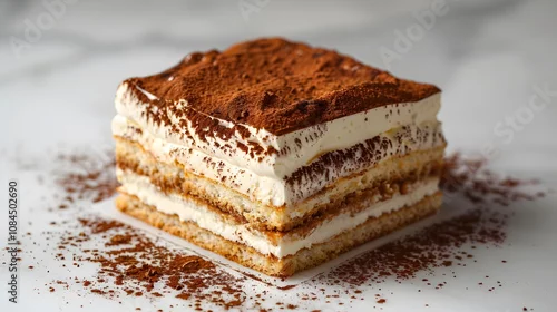 Panel kuchenny z motywem Traditional tiramisu dessert with mascarpone cream, coffee-soaked layers, and cocoa powder on a marble surface. Classic Italian dessert for gourmet concepts
