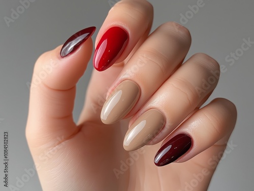 Stylish presentation of a woman’s hand with a unique mix of beige and red nail polish on each nail
