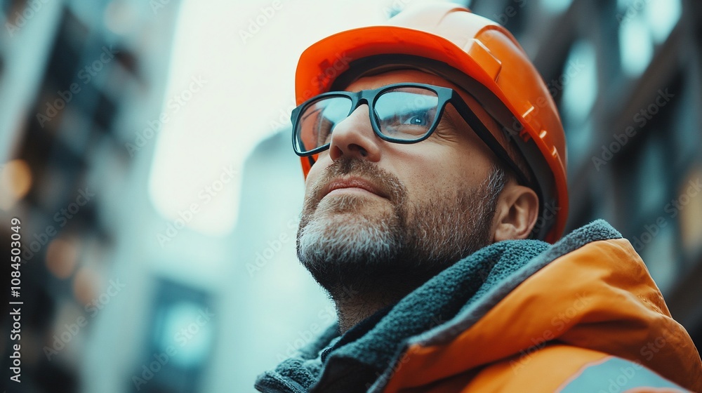 Focused construction worker in hardhat, looking up at city buildings. Focused construction worker in hardhat, looking up at city buildings.