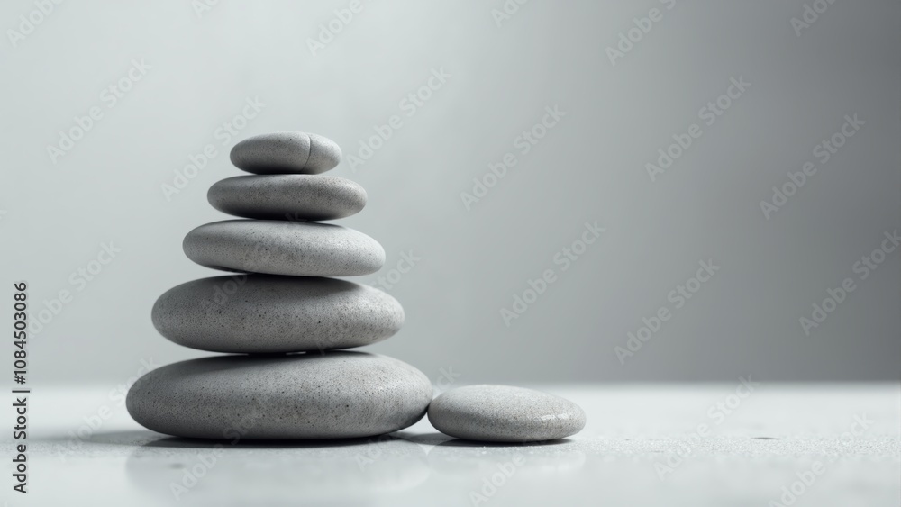 A minimalist stack of smooth gray stones creating harmony in a tranquil setting A minimalist stack of smooth gray stones creating harmony in a tranquil setting