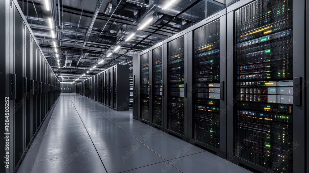 A corridor in a data center filled with server racks and illuminated by overhead lights. A corridor in a data center filled with server racks and illuminated by overhead lights.