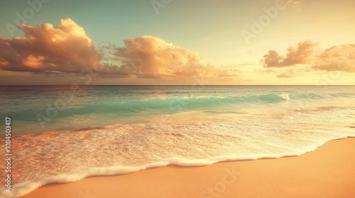 A serene beach with soft golden sand and gentle waves lapping at the shore under a pastel-colored sky,