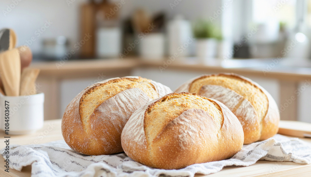 Freshly baked bread loaves cooling on kitchen counter Freshly baked bread loaves cooling on kitchen counter