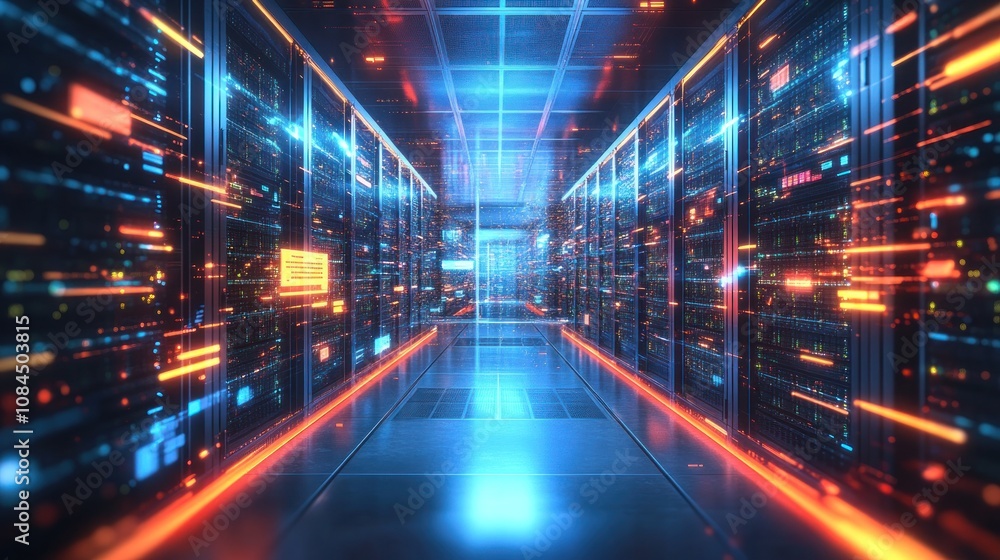Futuristic data center corridor with glowing servers and vibrant light effects. Futuristic data center corridor with glowing servers and vibrant light effects.