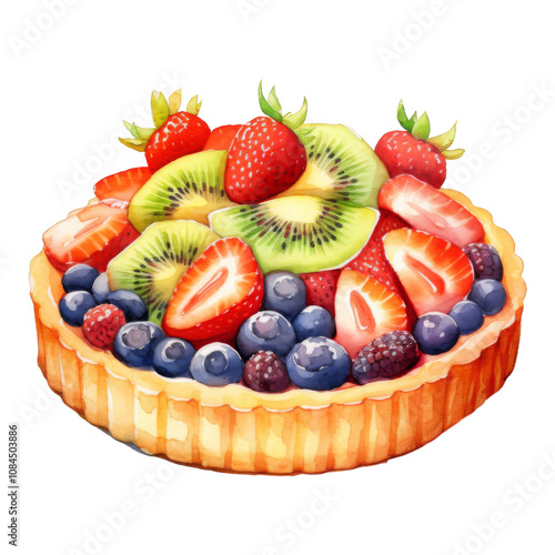 Watercolor Painting of a Fruit Tart with Strawberries, Kiwis, and Blueberries photo